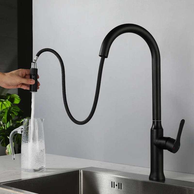 201 black stainless steel pull down kitchen sink faucet with sprayer