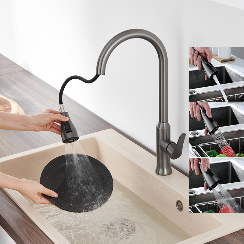 Single lever stainless steel brushed nickel matt black kitchen tap with pull out spray