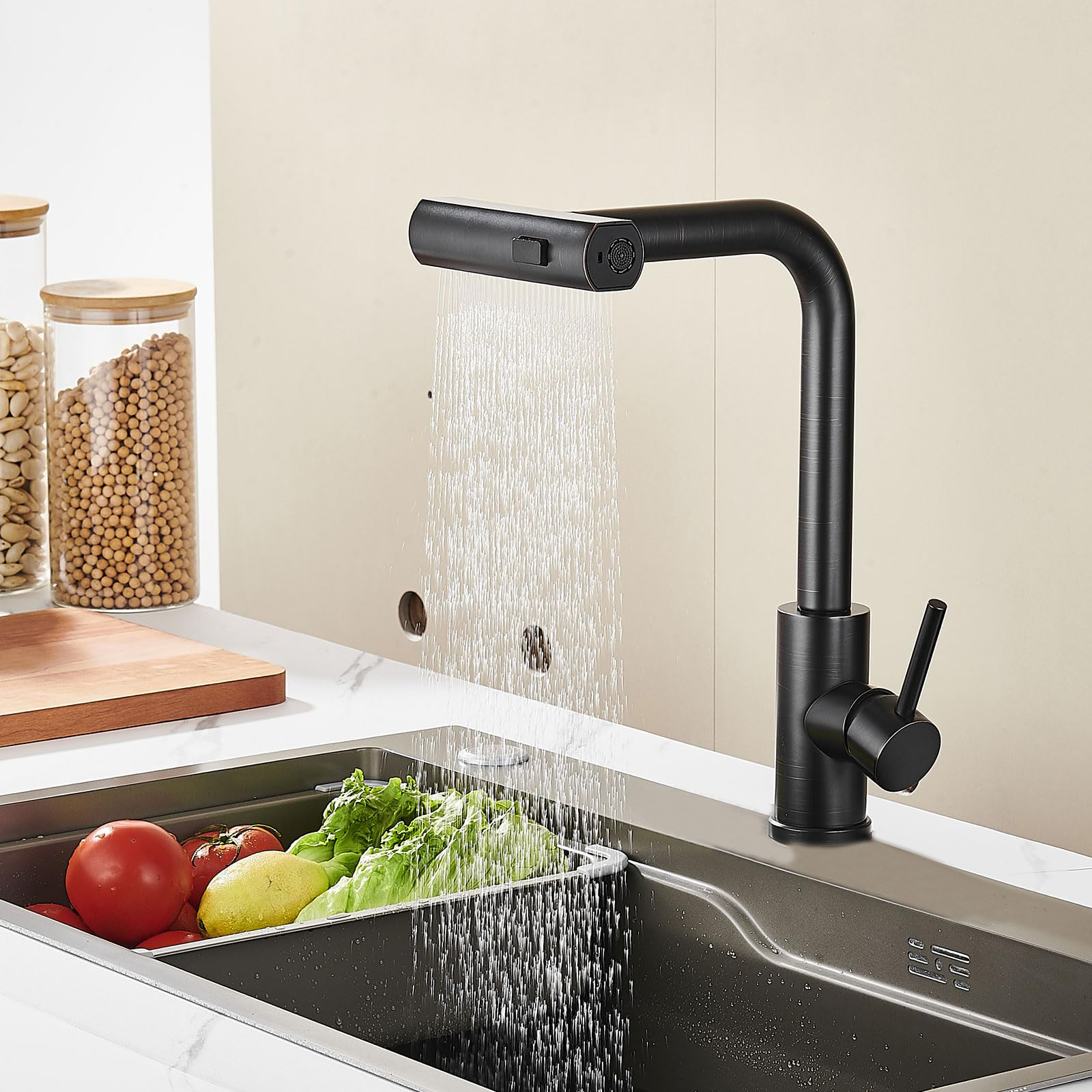 Matte black Waterfall kitchen faucet with pull out spray tap and water rainfall for sink