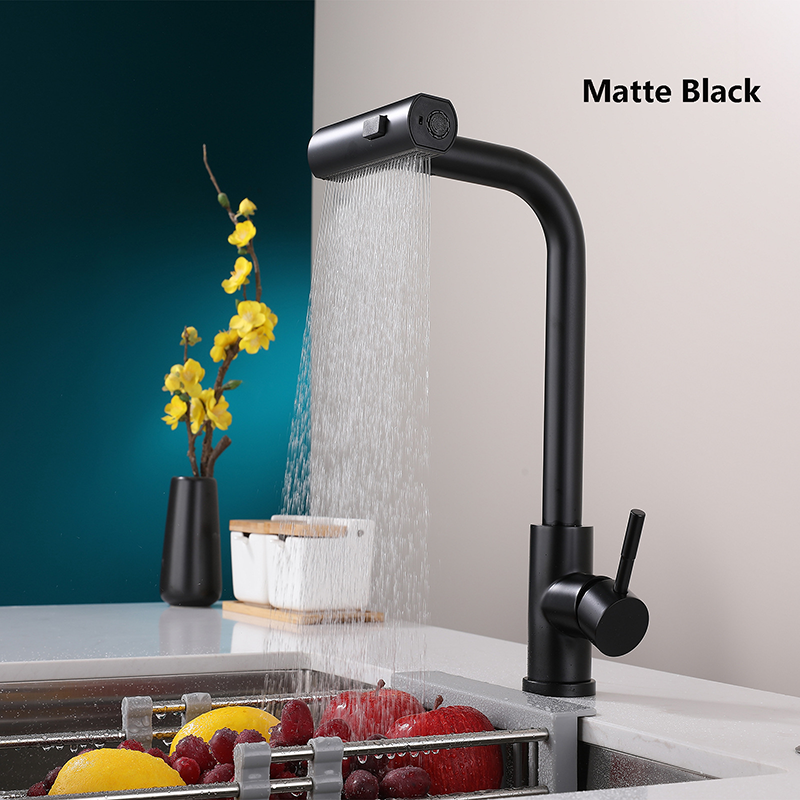 Matte black Waterfall kitchen faucet with pull out spray tap and water rainfall for sink