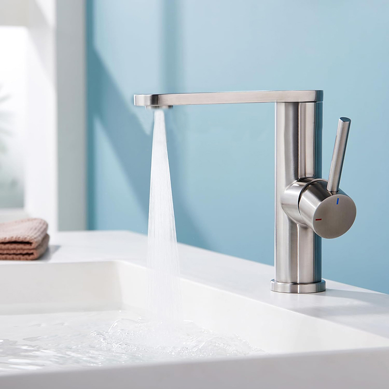single hole brushed stainless steel hot cold bathroom sink faucet